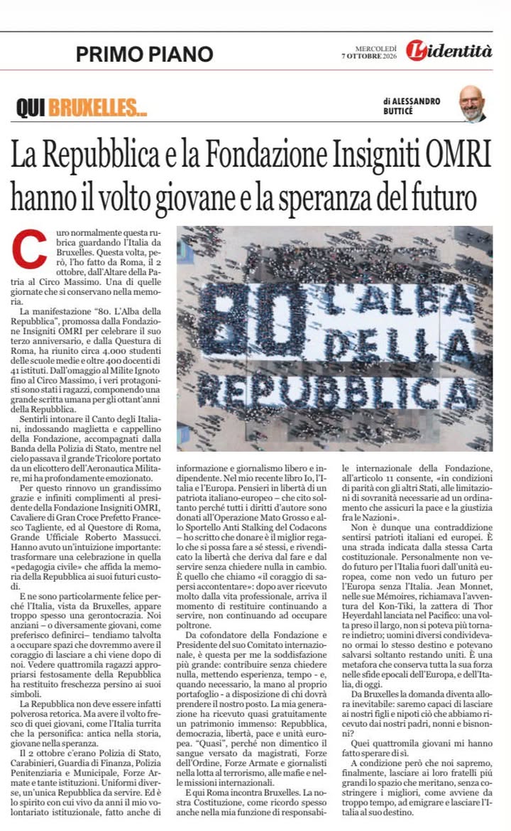 «La Repubblica e la Fondazione Insigniti OMRI hanno il volto giovane e la speranza del futuro»