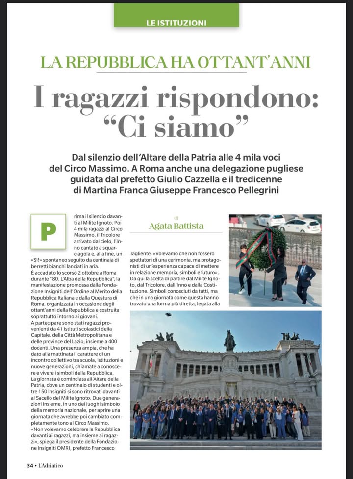 Il settimanale pugliese L'Adriatico in edicola oggi 10 ottobre racconta la grande giornata del 2 ottobre a Roma per “80. L'Alba della Repubblica”